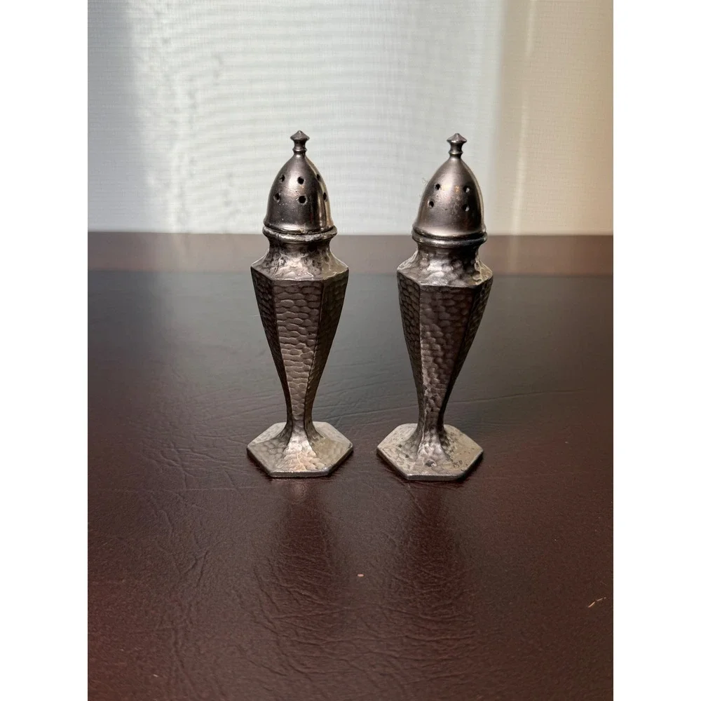 Vintage Hammered Pewter Salt and Pepper Shakers Art Deco Hexagonal Base Set